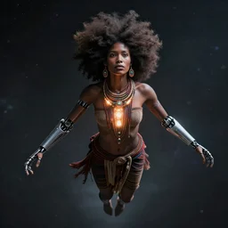 beautiful afrofuturistic himba woman wearing otjize and a glowing necklace, robotic arms, weightless in space, hyperrealistic, scifi, concept art, digital art, portrait, dark, muted colors