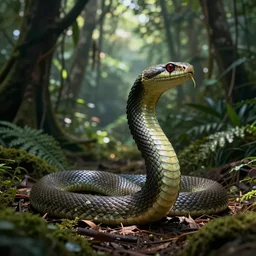 a snake - like naga creature, slithering in a jungle, looking for shade