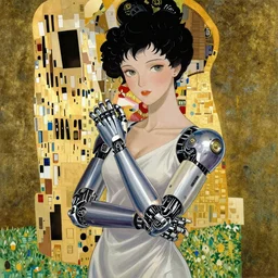 a highly detailed anime woman with cyborg arms drawn by gustav klimt with background by james jean trending on art station
