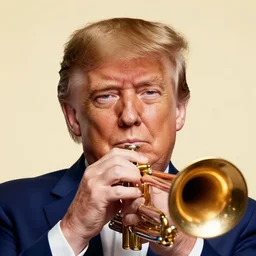 portrait photograph of trump with trumpet hair warm lighting, trump has hair as a trumpet, trumps hair is coming out as trumpet. movie poster, illustration by bartek fedyczak, erak note, tooth wu, neil richards, kan liu, siwoo kim, jisu choe, trending on art station
