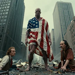 creature with american flag, fallen skyscrapers behind them, film still from the movie directed by denis villeneuve and david cronenberg with art direction by and h. r. giger, salvador dali and zdzisław beksinski