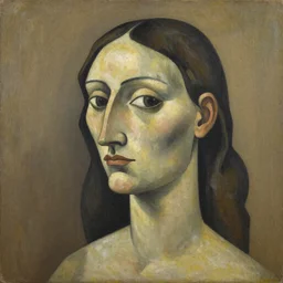 a synthetic cubism extremely detailed masterpiece painting of a female with one triangular eye one trapezoid eye one side view of a nose a heat shaped elongated mouth at an angle a sharp jaw and no ear long hair on the same canvas plane, in the style of juan gris, muted brown yellow and blacks