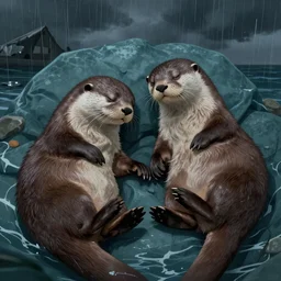 otters hold hands while they sleep so nobody will drift away to the sea during the stormy night , fantasy illustration, cinematic, award winning, romantic, detailed trending on art station masterpiece