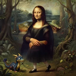 a Leonardo da Vinci oil portrait of a young gothic girl walking in a forest with a cute pet dragon on a leash, vivid colors, high details, cinematic, 8k resolution, beautiful detailed, photorealistic, digital painting, artstation, concept art, smooth, sharp focus, illustration, fantasy background, artstation trending, octane render, unreal engine