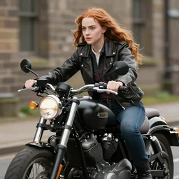 Ginny Weasley as a biker, wearing a leather jacket, riding a motorcycle