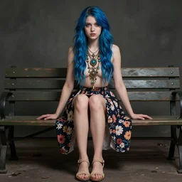 dslr glamour shot photo of a pretty young woman, full bodied portrait, with blue hair, sitting on a bench wearing a flower skirt, and body and wearing hemp sandals and a very detailed faerie necklace around neck, artgerm, artstation, very high quality face, intricate details, extremely high quality, moody lighting, real camera, real photo, photography by deviantart, 8 k, full subject in shot
