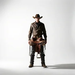 mysterious ranch hand with saddle, studio photography, full body, standing, isolated on a pure white background, centered, whole figure in frame, sharp focus, studio lighting