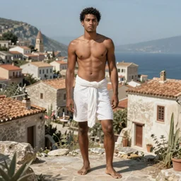 jason momoa, white loincloth, full body, full shot, mediterranean village background, highly detailed, digital painting, artstation, concept art, sharp focus, illustration, orientalism, art by artgerm and greg rutkowski and raphael lacoste and magali villeneuve