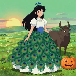 princess mononoke dressed with peacock clothes, black hair, green sunset, howl and pumpkin next to main character, vibrant palette, trending on artstation