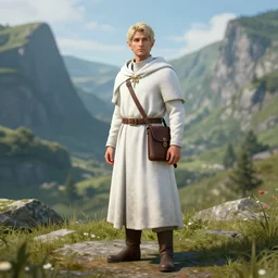 Elven citizen, white cloak, satchel, standing in a valley, digital art, 4k, unreal engine, high quality render