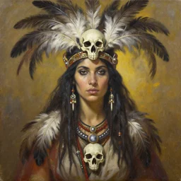 portrait a female shaman goddess warrior, with skull and feathers, oil on canvas, by jeffrey catherine jones and enki bilal