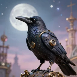 a close - up stunning fantasy scene of a steampunk crow | highly detailed | very intricate | disney | magic the gathering | steampunk | dramatic romantic epic breathtaking whimsical magical | bokeh moon stars | professional cinematic lighting | award - winning | painted by marc simonetti and anton fadeev and paul lehr and rhads and alena aenami | pastel color palette | featured on artstation