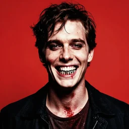 patrick bateman ink red backdrop, sharp teeth, exposed skull : : graphic imagery