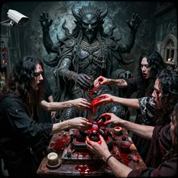 a photograph photo security camera footage of insane cultists to the machine god feeding a shrine with their blood and ichor