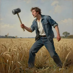 painting, a man going mad with a mallet in millets