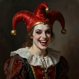 medieval jester laughing, sinister, photograph, portrait, digital art,