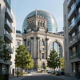 futuristic berlin with humongous reichstag building, glass domes and trees, alley, concrete apartments, glass buildings, hyperdetailed, artstation, cgsociety, 8 k
