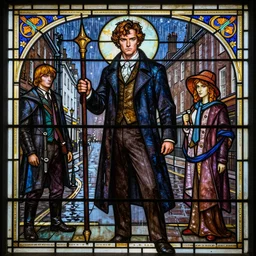a detailed stained glass window of jensen ackles in a supernatural sherlock holmes story, 1 8 th century london in the rain, city streets, ominous, masterpiece, 8 k, art by alphonse mucha and greg rutkowski