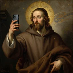 renaissance oil painting, monk prophet holding the holy iphone mobile phone of god taking a selfie