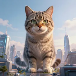 a giant housecat towering over a futuristic city, volumetric lighting