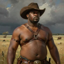 a beautiful dramatic epic painting of a thicc handsome black man | he is shirtless and wearing a cowboy hat and covered in leather straps | prairie setting | homoerotic, highly detailed, dramatic lighting | by Mark Maggiori, by William Herbert Dunton, by Charles Marion Russell | trending on artstation