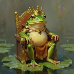 the anthropomorphic frog king, wearing a crown, sitting on a throne on a lily pad, fantasy concept art, dnd character art, digital painting, oil painting, hyperrealistic, highly detailed, artstation, cgsociety, by greg rutkowski, by alan lee, by artgerm