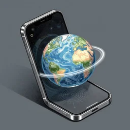 illustration of a mobile phone with a planet inside the screen going out of it, in 4 d, detailed and intricate forty five degree isometric, cross by victo ngai