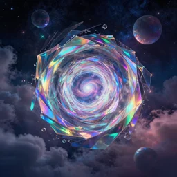 a beautiful matte painting of a tunnel perspective iridescent dichroic glass vaporwave water reflection rainbow shards+cloud+space+orbs night with stars containing outside of galactic dimension vortex, volumetric lighting reflecting of clouds of dust , by Christophe Vacher and Bastien Lecouffe-Deharme, trending on artstation, polarizer filter, narrative realism, deep color scheme,wide angle,highly detailed,v-ray render,photorealistic,4k hd wallpaper, psychedelic dichroic lighting