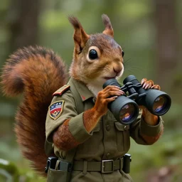 a award winning commission of an anthro squirel dressed in military outfit,holding binoculars in a forest,digitalt art,hyperdetailed,photorealistic,art by greg rutkowski,character design by charles bowater,ross tran,deviantart,artstation,high detailed,cinematic,detailed face