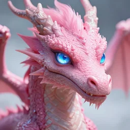 concept art, matte painting of a magical pink dragon with fantasy light blue eyes, detailed portrait, irisdecent, holographic, shot on 7 0 mm, vray tracing, playstation 5 graphics, high quality, 8 k hd, greg rutkowski, marc simonetti, james paick, ivan aivazovsky, trending on artstation, deviantart, pixiv, sketchfab
