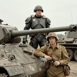 A man in power armor stands behind a World War II soldier in a general photo near a tank, old photo, realism, attention to detail