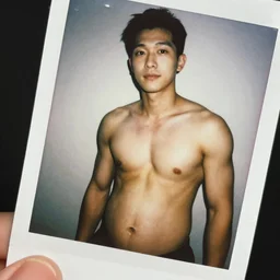 Young muscular male Korean protagonist shirtless with a big 9 month pregnant belly, instax selfie