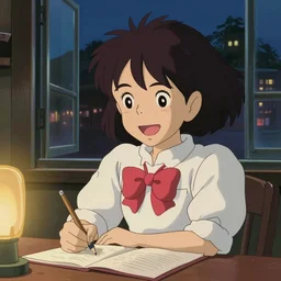 anime fine details portrait of joyful school girl girl studying in her room at the table, evening, lamp, lo-fi, open window, dark city landscape on the background deep bokeh, close-up, anime masterpiece by Studio Ghibli. 8k, sharp high quality classic anime from 2000 in style of Hayao Miyazaki, synthewave