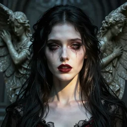 beautiful very extreme closeup portrait, gothic girl, goth, vampire, weeping angels, angel of grief, stone statues, beautiful woman body, unreal engine, greg rutkowski, loish, rhads, beeple, tom bagshaw, alphonse mucha, global illumination, detailed and intricate environment