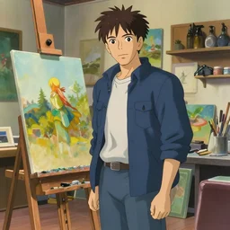 norman reedus as a french artist, standing in front of easel and canvas in his art studio, in the style of satoshi kon