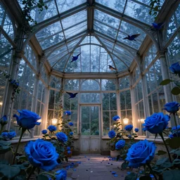 glass greenhouse, another world, birds, blue roses, fairy tale, evening lights, highly detailed, low angle view, artstation, mysterious, comfort, in the style of aetherpunk