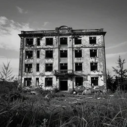 derelict abandoned hr giger tenement building alone in a field, a high contrast hyper detailed black and white studio portrait photo, shot in area x from the movie annihilation, by beau brashares, pinhole photography