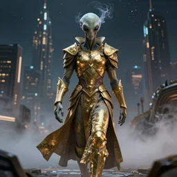 an alien with glowing smoky eyes wearing a long flowing cloth shirt over stylish large golden plate armor walking to a tall alien city in the background, night sky with stars, dramatic lighting, light fog, dramatic colors, 8 k cg render, highly detailed, trending on artstation