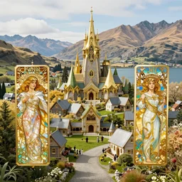 a lord of the rings village in large new zealand landscape, shiny colors, high - key lighting, beautiful composition, intricate, elegant, pro photography by, highly detailed, art by artgerm and greg rutkowski and alphonse mucha