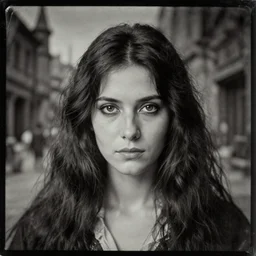 a daguerrotype film still portrait of a 1 9 4 0's woman's hair witch, finely detailed features, closeup at the faces, perfect art, at an ancient city, gapmoe yandere grimdark, trending on pixiv fanbox, painted by greg rutkowski makoto shinkai takashi takeuchi studio ghibli, akihiko yoshida,
