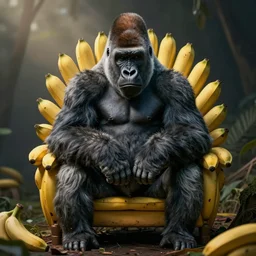 silverback gorilla on a throne of bananas