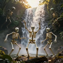 Action scene from the film ghost in the machine with skeletons dancing in front of a waterfall, imaginary animals, golden hour, backlit by an alien planet, sharp focus, psychedelic manga, gauche on paper by salvidor dali, abstract oil painting by Raqib Shaw, MC Escher illustration
