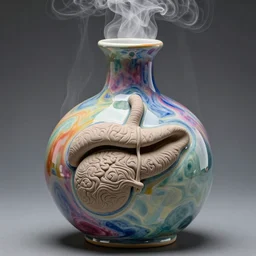 a ceramic alembic of voices, vapour, air flow, clay, no humans, alchemy, steam, larynx, oesophagus texture, 8 k, unreal, high resolution, vivid iridescent colours