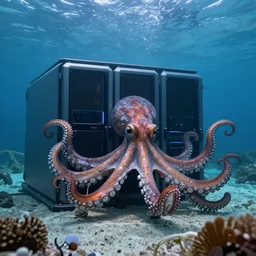 underwater data center, octopus between, servers, digital art, high quality,