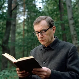 portrait of a man with eye glasses reading in the forest. plane in the sky far away. tarkovsky