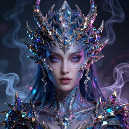 detailed portrait of beautiful fantasy dragon queen made of iridescent smoke, dark fantasy, sharp focus, vibrant, vivid, magical shiny skin, symmetry, highly detailed, 4 k digital painting, detailed skin, crystal, magical, raytracing, plasma, artistic, concept art by artgerm, alphonse mucha, unreal engine render