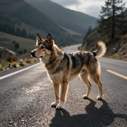 color photo, a humanoid dog walking on the road.
