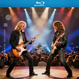 full band photo with jimmy page and tab benoit, epic guitar duel, audience, light show, 8 k, blu ray, criterion collection