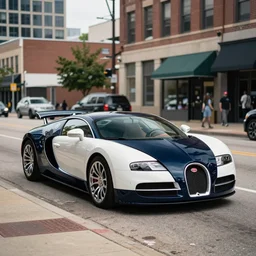 photograph of a bugatti veyron on the streets of downtown kansas city missouri, daytime, realistic, 8 k