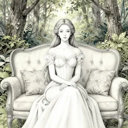 landscape shot of a highly detailed queen sitting by herself on a sofa in a forest, drawn by CloverWorks, elegant, beauty, fine linework